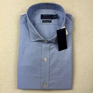 Polo Ralph Lauren Men's Slim Fit Dress Shirt Blue Check 17.5 34/35 Stretch NWT